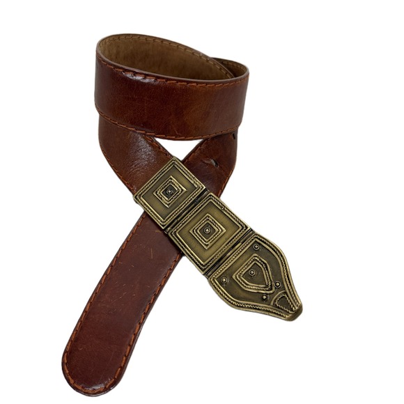 Donna Karan Accessories - Donna Karan Belt Womens Small Brown Leather Brass Geometric Buckle Made in Italy